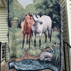 Classic Horse Tapestry Throw Blanket in Brown and White